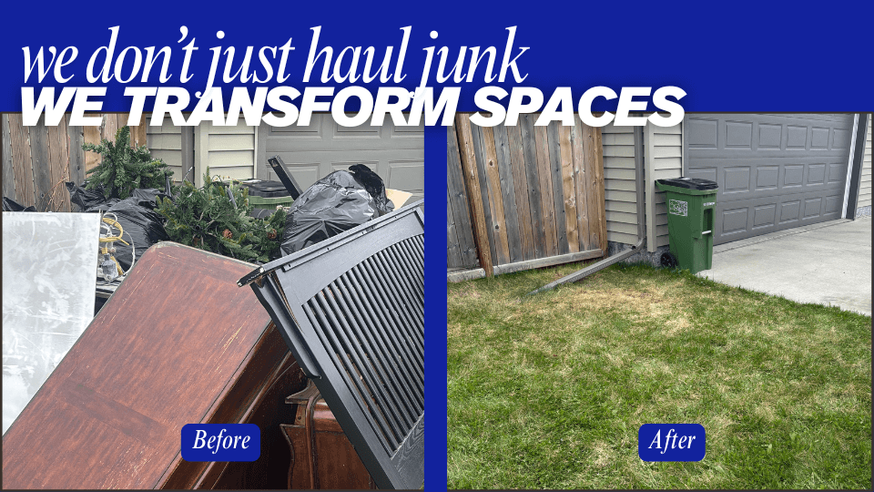 Driveway junk removal in Edmonton — before and after hauling away dining table, bedframe, boxes, and small furniture.
