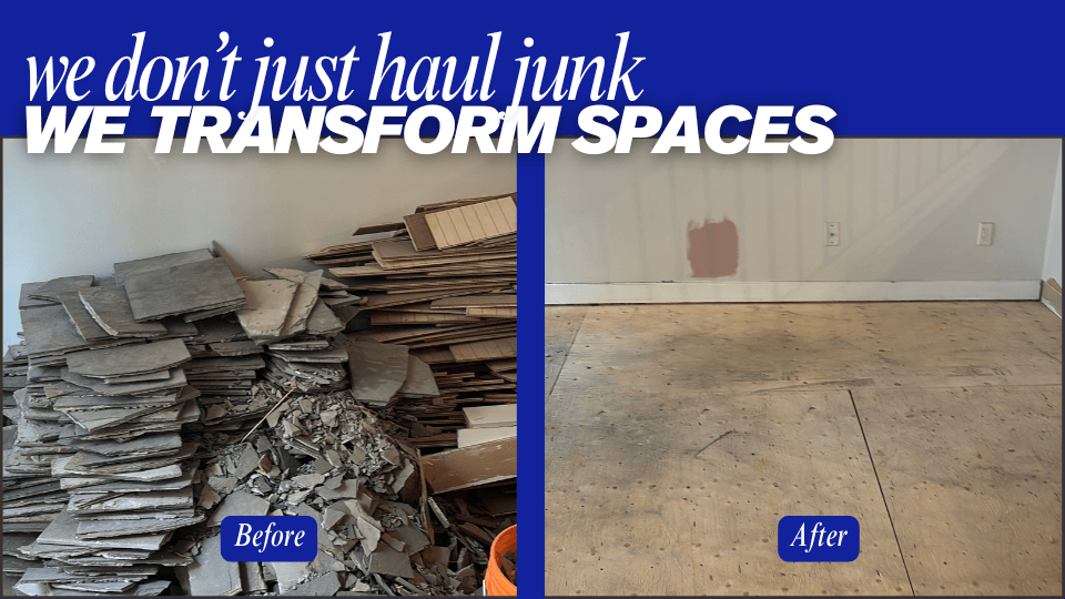 Before and after of flooring tile and renovation debris removed from Edmonton property.