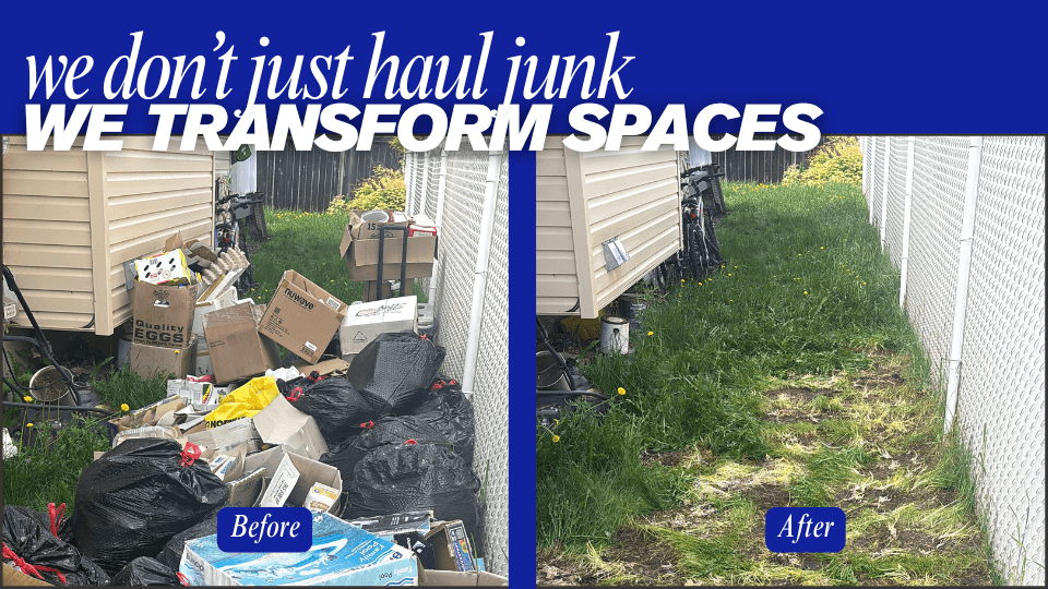 Side of house in Edmonton before and after junk removal — cleared pile of bags, boxes, and miscellaneous household items.