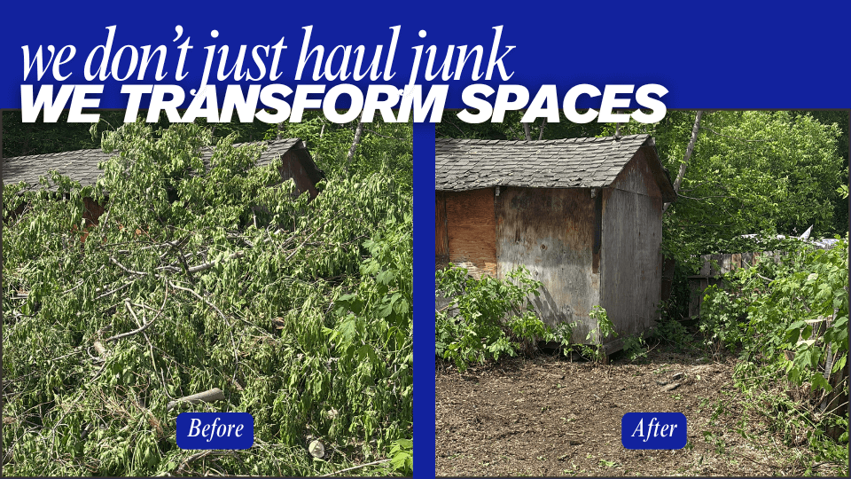 Before and after of yard debris and tree branch removal in Edmonton — cleared space around backyard shed.